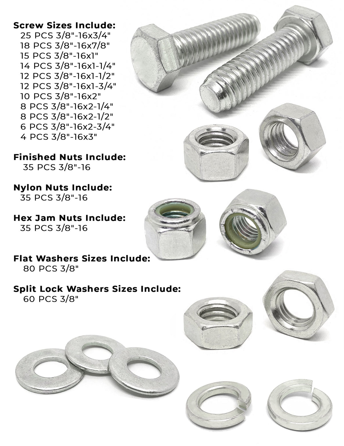 3/8"-16 Coarse 18-8 Stainless Steel Hex Cap Screws, Nuts, & Washers - 378 PCS