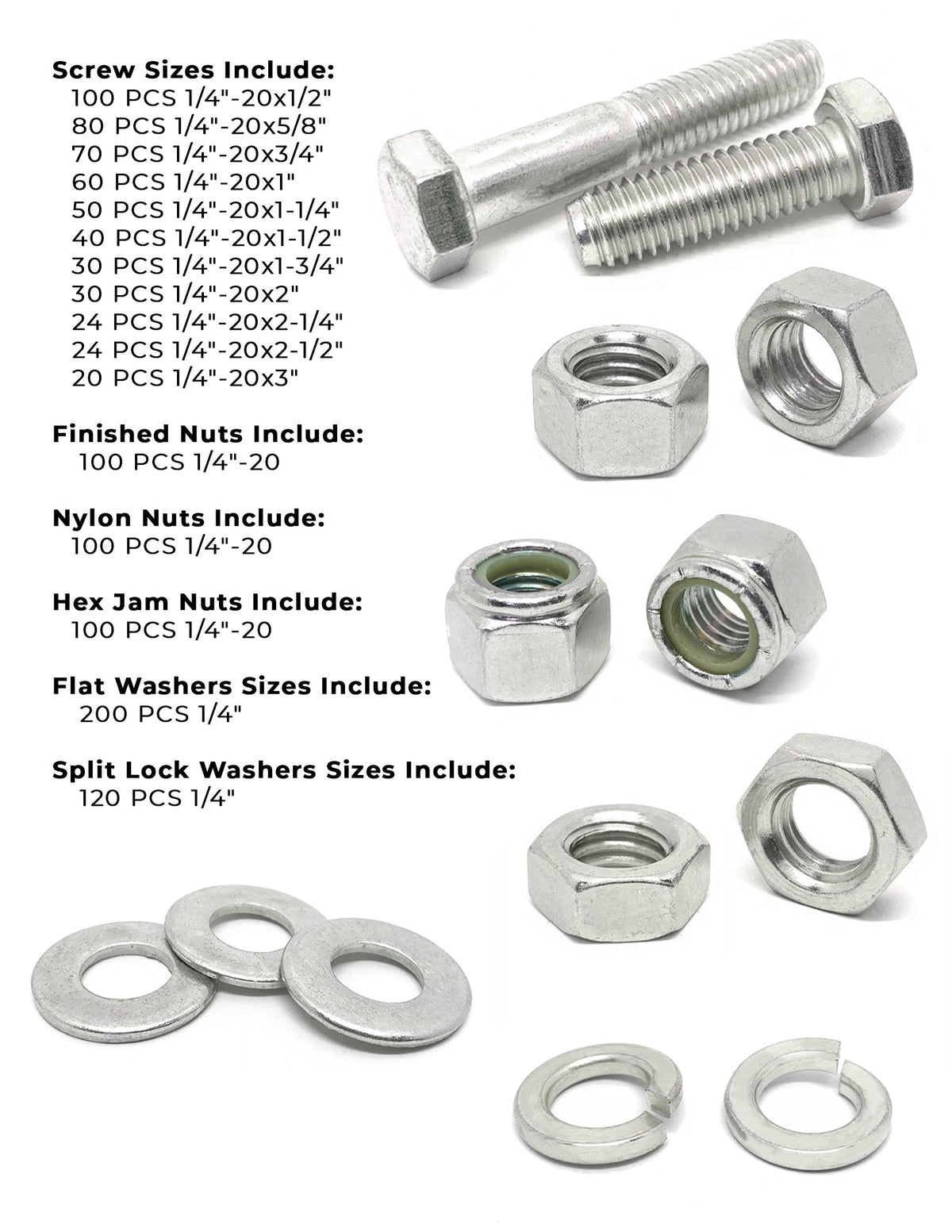 1/4"-20 Coarse 18-8 Stainless Steel Hex Cap Screws, Nuts, & Washers - 1149 PCS