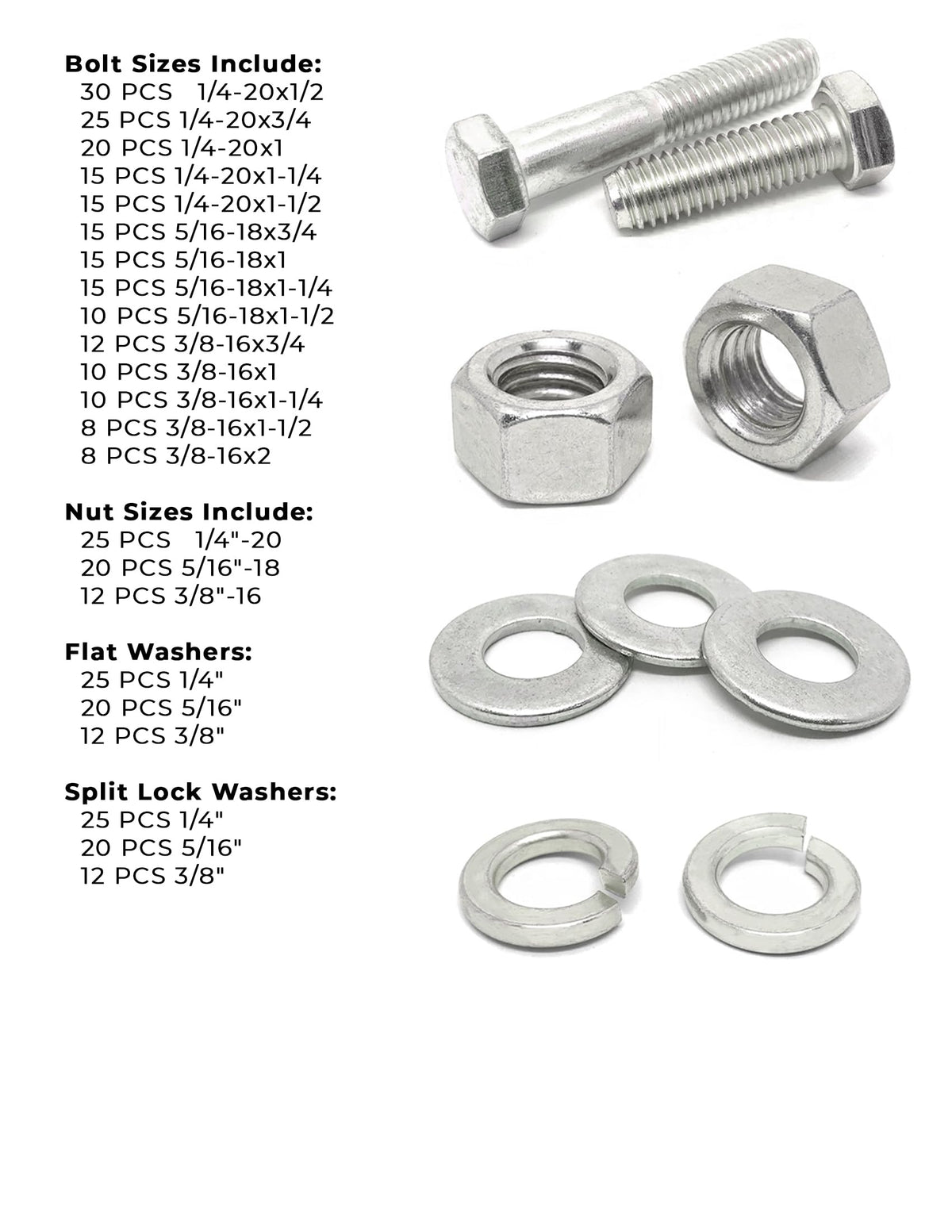 Inch 18-8 Stainless Steel Hex Cap Screws, Hex Nuts, Flat & Lock Washers - 380 PCS