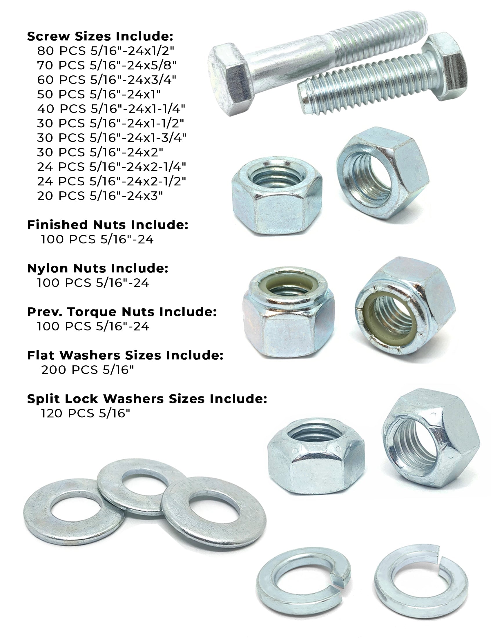 5/16"-24 Fine Grade 5 Hex Cap Screws, Nuts, & Washers - 1078 PCS