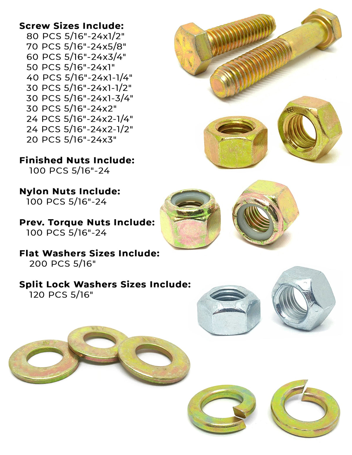 5/16"-24 Fine Grade 8 Hex Cap Screws, Nuts, & Washers - 1079 PCS