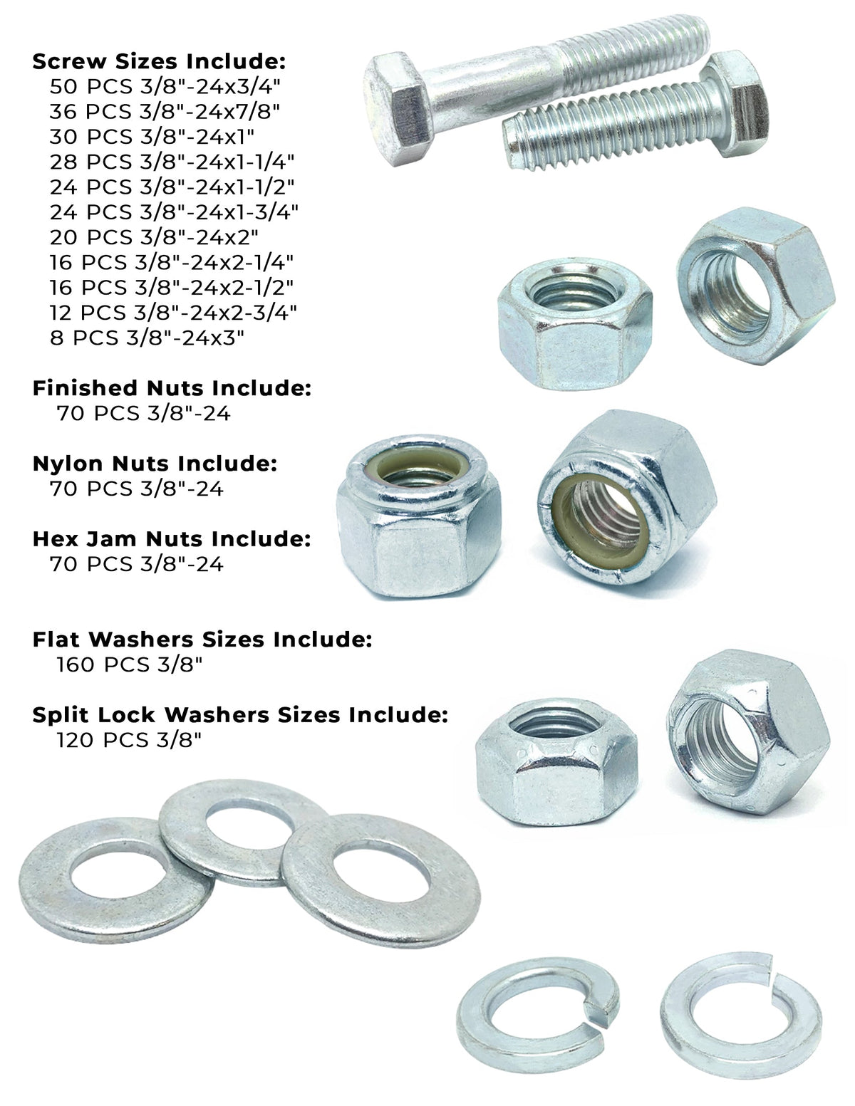 3/8"-24 Fine Grade 5 Hex Cap Screws, Nuts, & Washers - 755 PCS