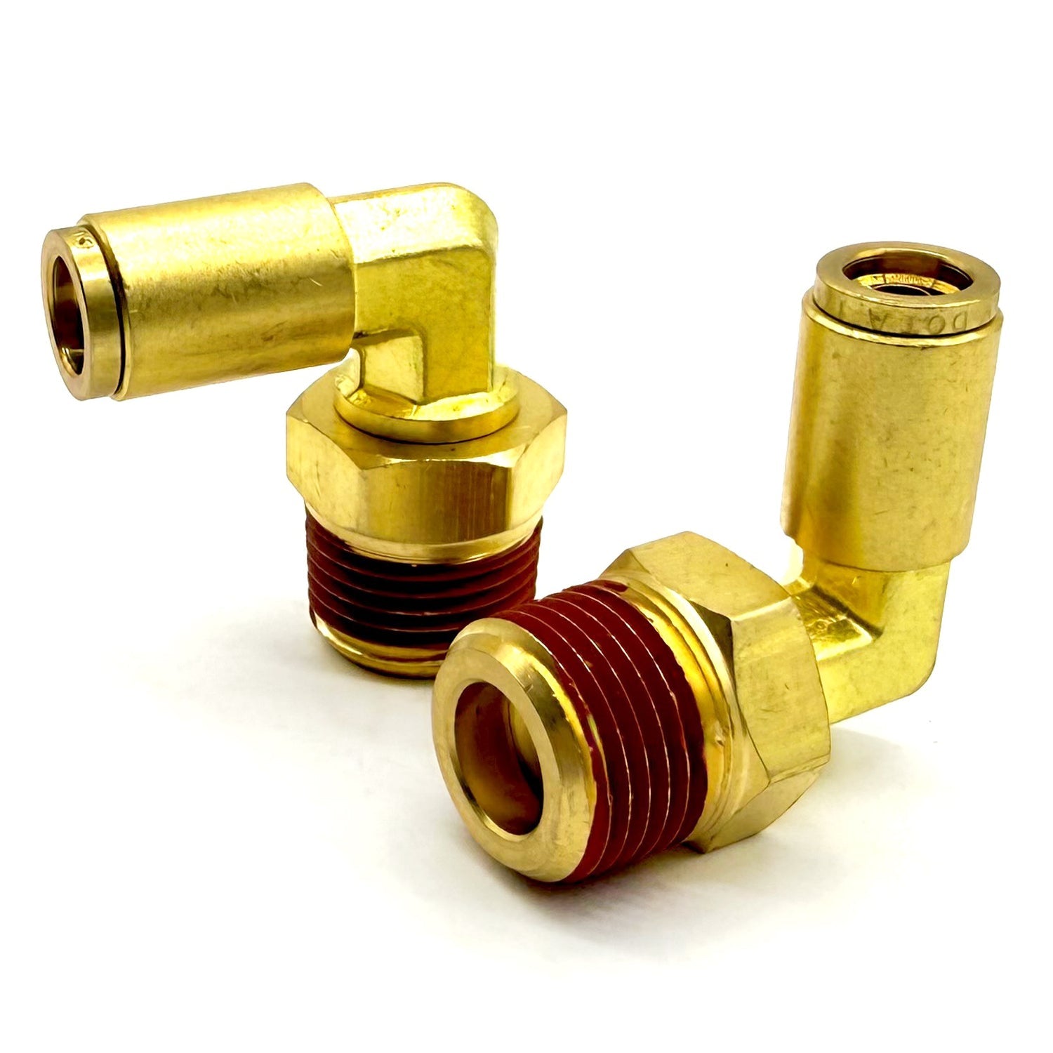 3/8" Tube to 3/8" NPT 90 Degree Elbow Male Pipe Connector, Brass D.O.T. Push to Connect Air Brake Fitting with Red Acrylic Thread Sealant