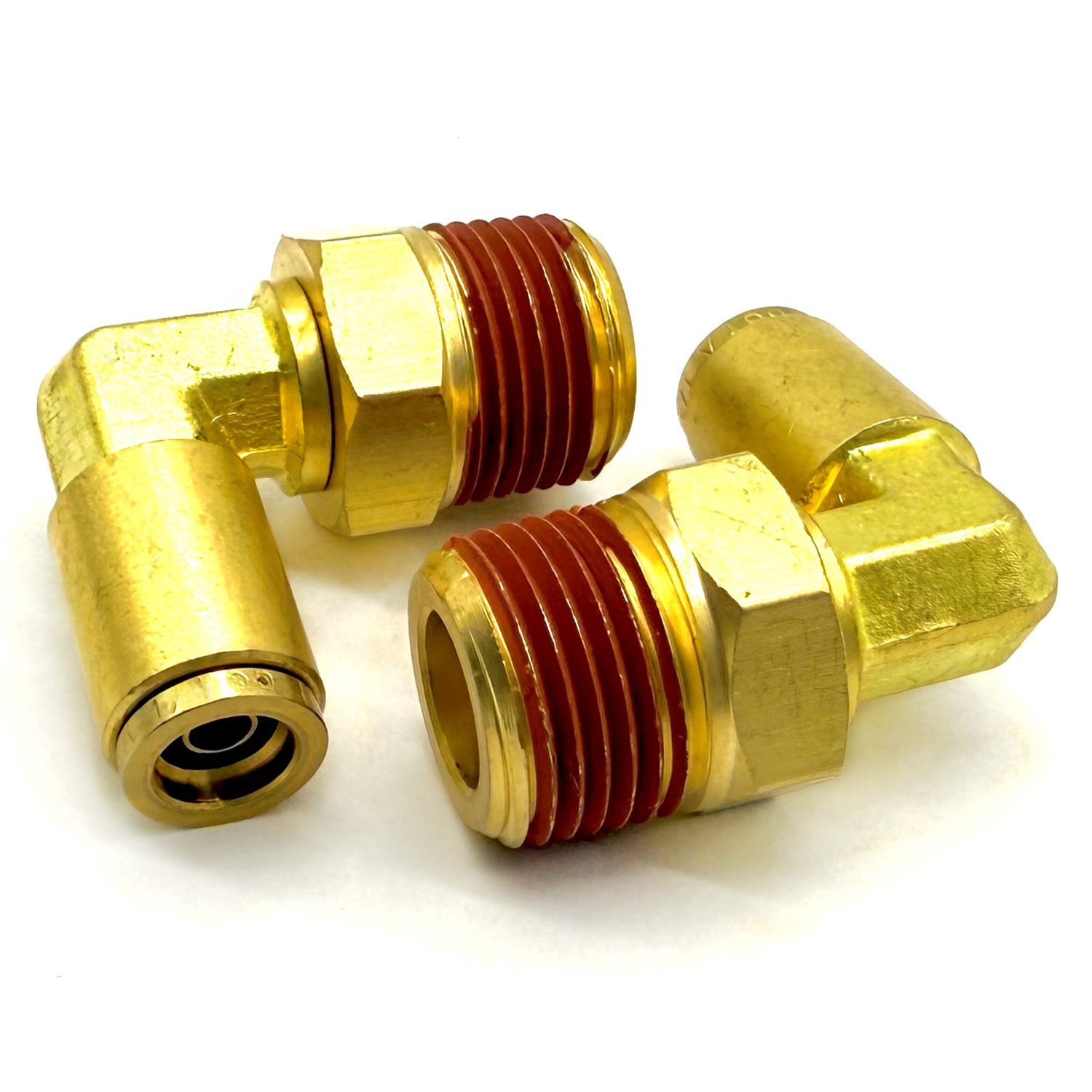 1/2" Tube to 3/8" NPT 90 Degree Elbow Male Pipe Connector, Brass D.O.T. Push to Connect Air Brake Fitting with Red Acrylic Thread Sealant
