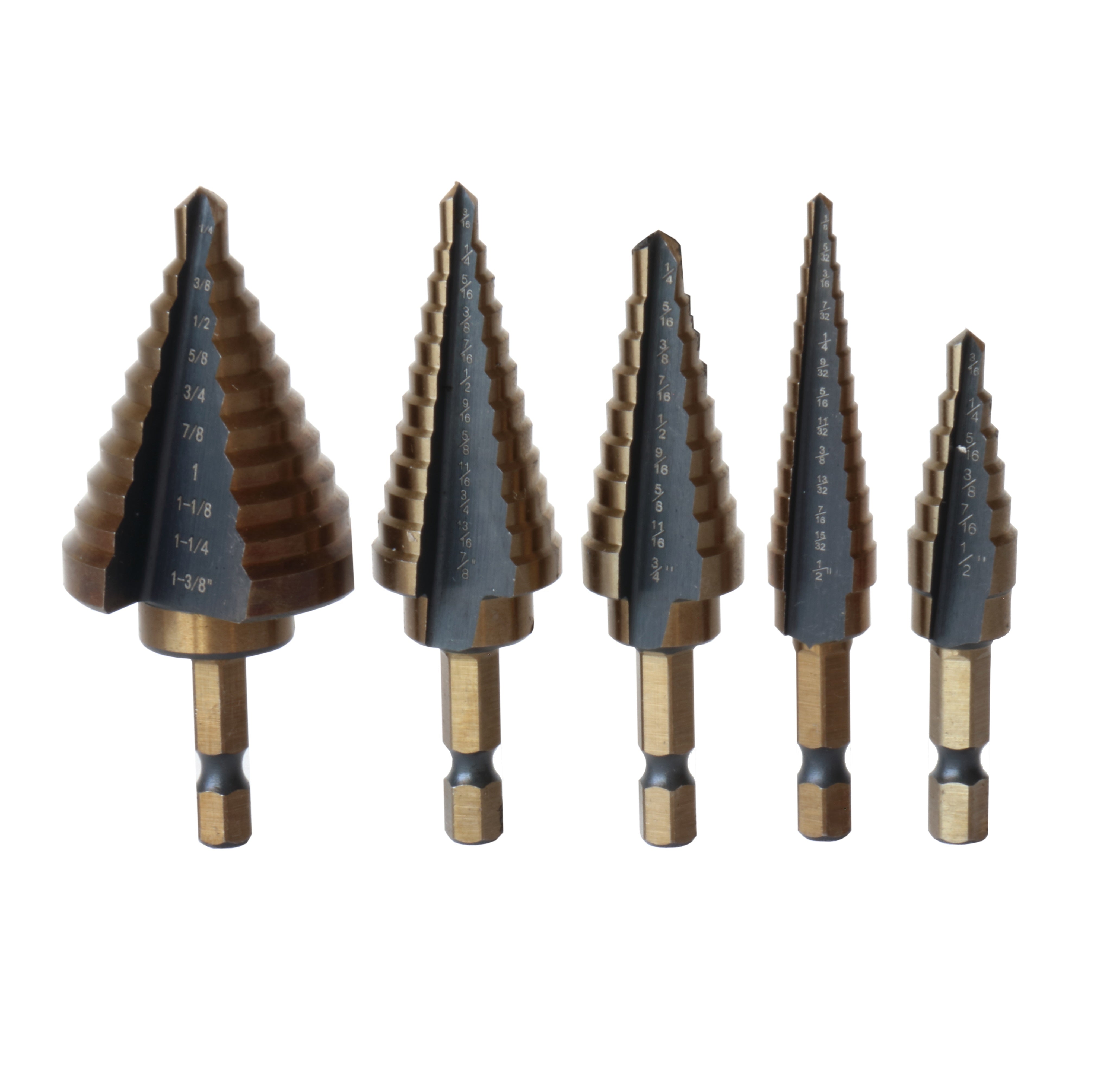 5 Piece HSS Black & Gold Quick Change Hex Shank Step Drill Bit Set (Sizes #1 to #5