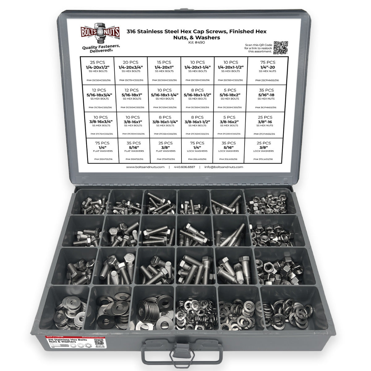 Inch 316 Stainless Hex Cap Screws, Hex Nuts, Flat & Lock Washers - 574 PCS