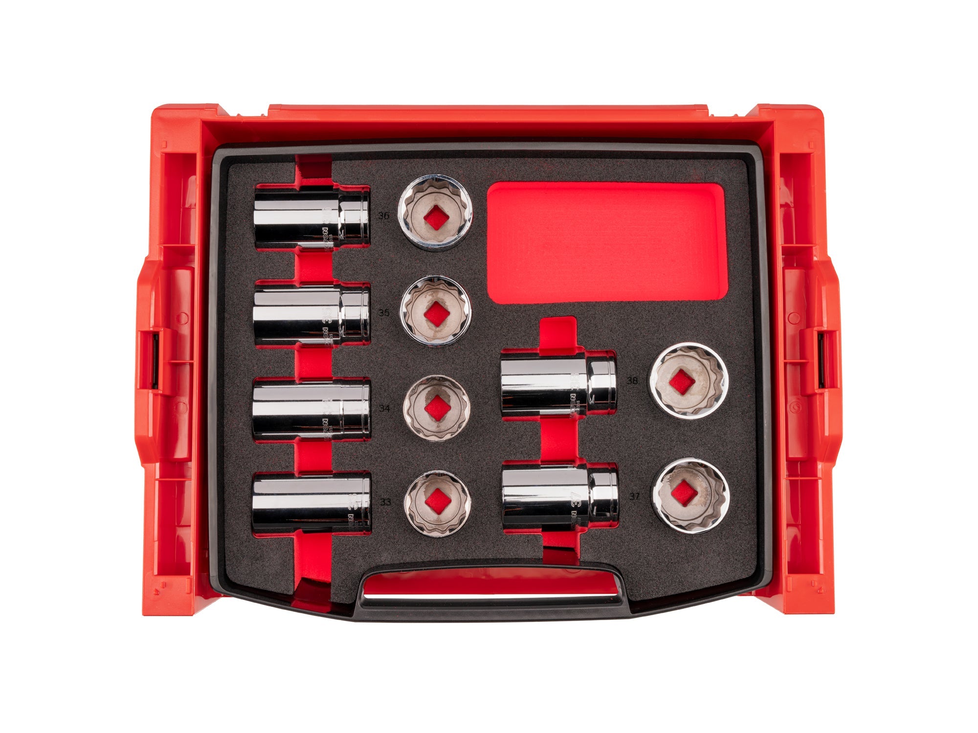 1/2 Inch Drive Shallow and Deep 12-Point Socket Set with Open Top Drawer and Rack, 12-Piece (33 - 38 mm)