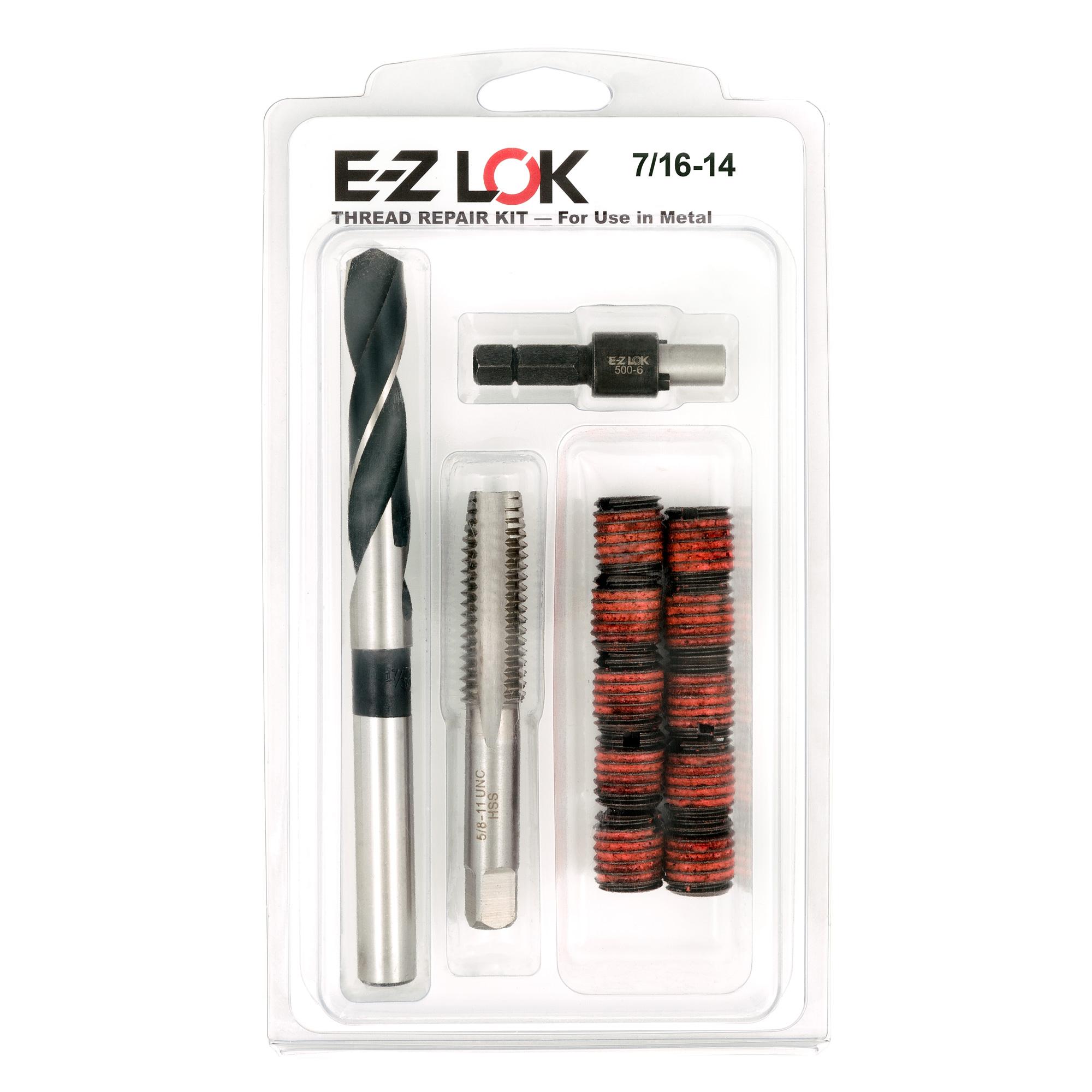 7/16"-14 x 5/8"-11 Carbon Steel Solid Wall Threaded Insert W/Red Loctite Standard Repair Kit with Inserts, Drill Bit, Tap, and Install Tool