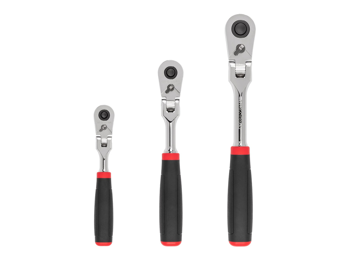 1/4, 3/8, 1/2 Inch Drive Flex Head Quick-Release Comfort Grip Ratchet Set, 3-Piece (6, 8, 10-1/2 in.)
